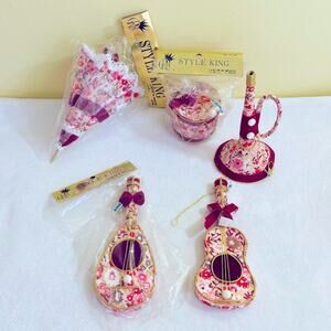 5 Vtg Ornaments Fabric Instruments Japan Horn Drum Guitar Mandolin Umbrella